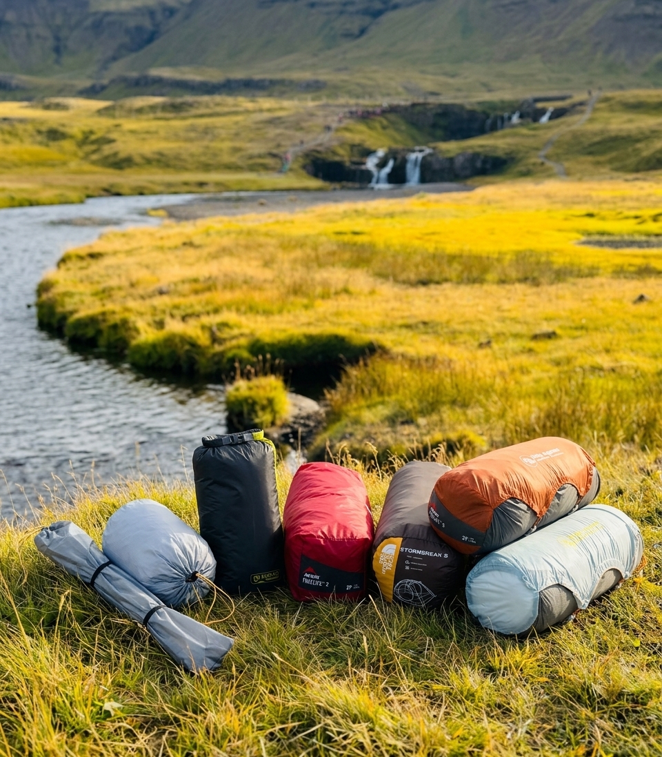 Six ultralight backpacking tents packed in stuff sacks beside a river in the Icelandic highlands